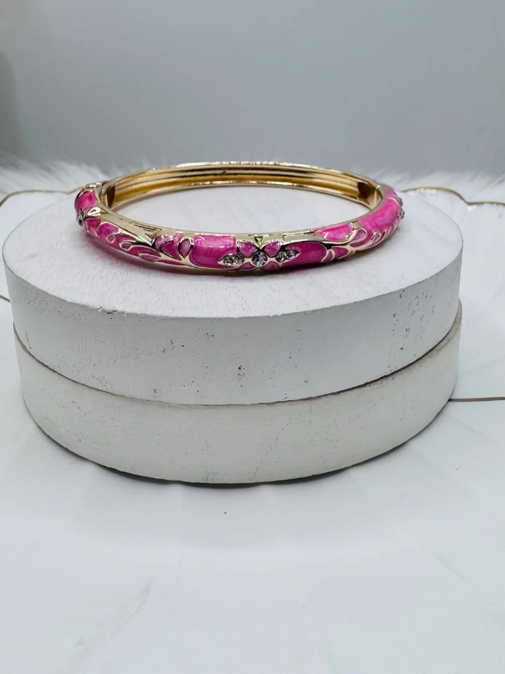 Pink Enamel Gold-Tone Floral Cloisonne Bangle Bracelet - Picture 2 of 6